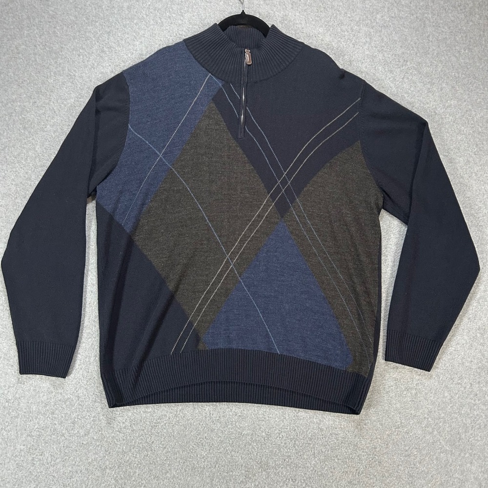 Tricots St Raphael Sweater Quarter Zip Mens XXL Navy Blue Argyle Preppy Academic